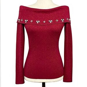 Lauren Michelle Vintage 90s Off The Shoulder Metallic Ribbed Knit Beaded Sweater